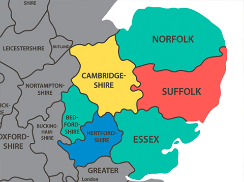 a map highlighting the east of England, showcasing Norfolk, Suffolk, Essex, Cambridgeshire, Bedfordshire and Hertfordshire