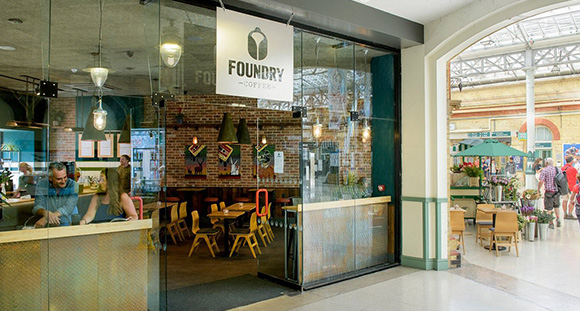 the shopfront of Foundry Coffee in Eastbourne train station 