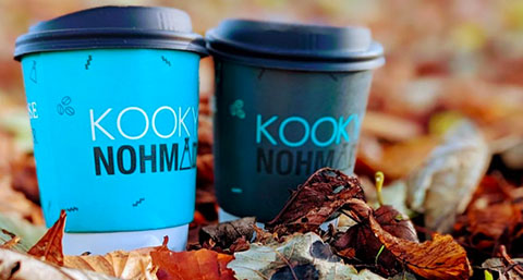 two branded coffee cups sitting in fallen autumnal leaves